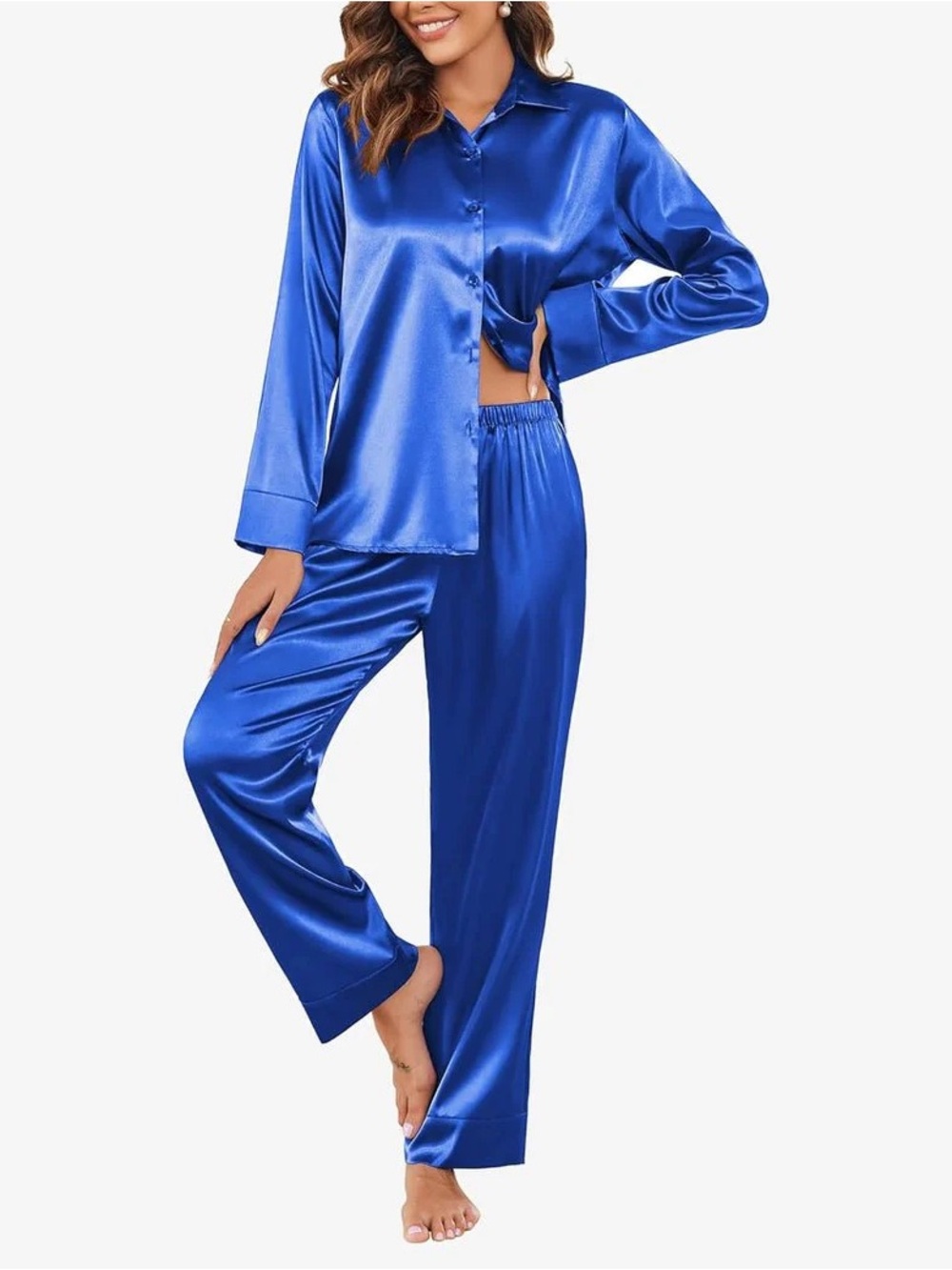 Ekouaer Royal Blue Satin Pajama Set